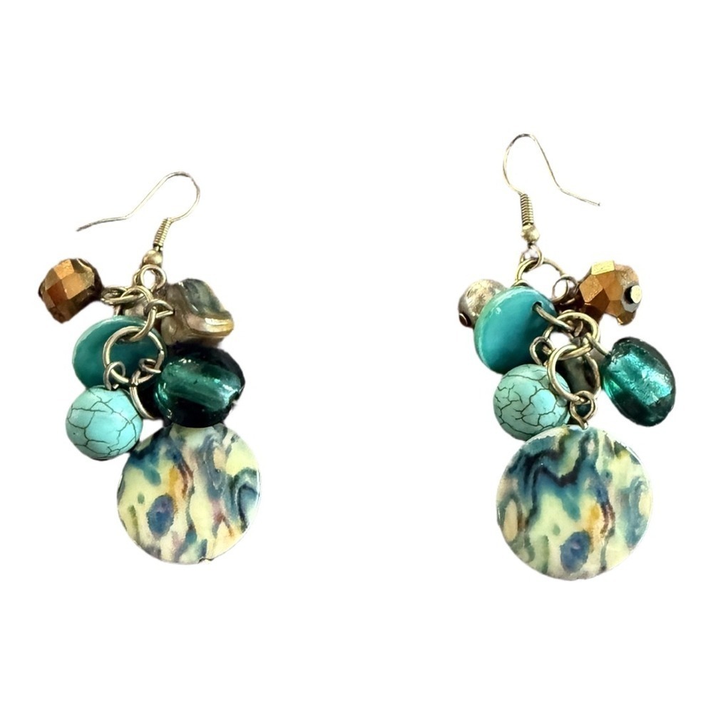 Turquoise stone Gold Dangle Earrings Boho Circle Disk Blue Bohemian - Picture 4 of 4